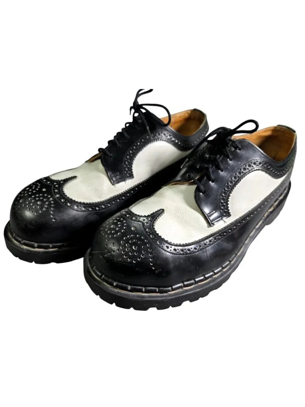 90s VTG Gripfast Original Derby Wingtip Black White Steel Toe Oxfords Mens SZ 10